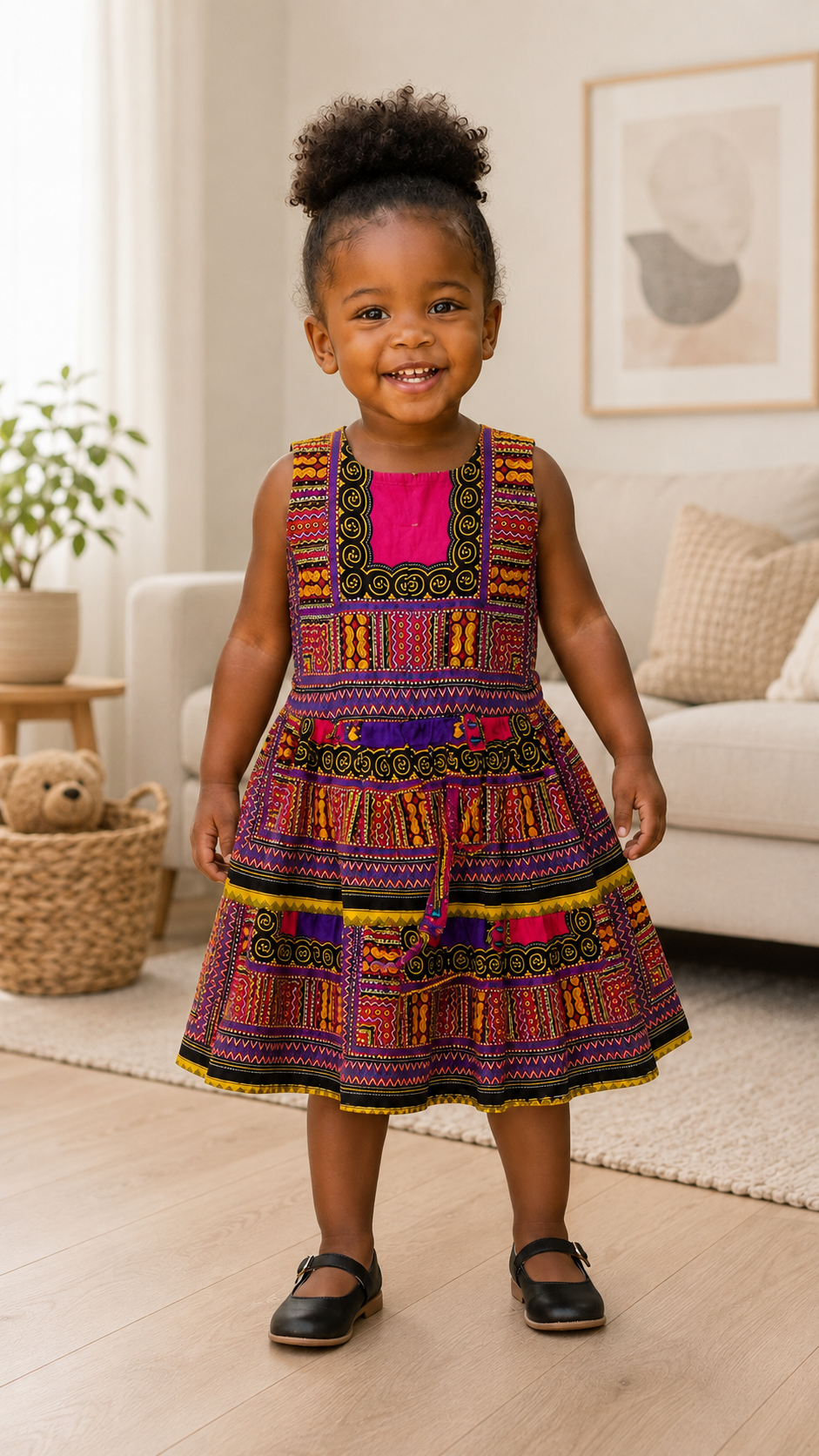 Girls Multi with Pink  Coloured Ankara Tiered Dress – African Print Party Dress