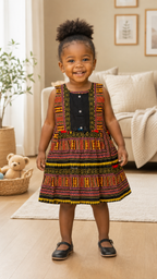 Girls Multi with Black  Coloured Ankara Tiered Dress – African Print Party Dress