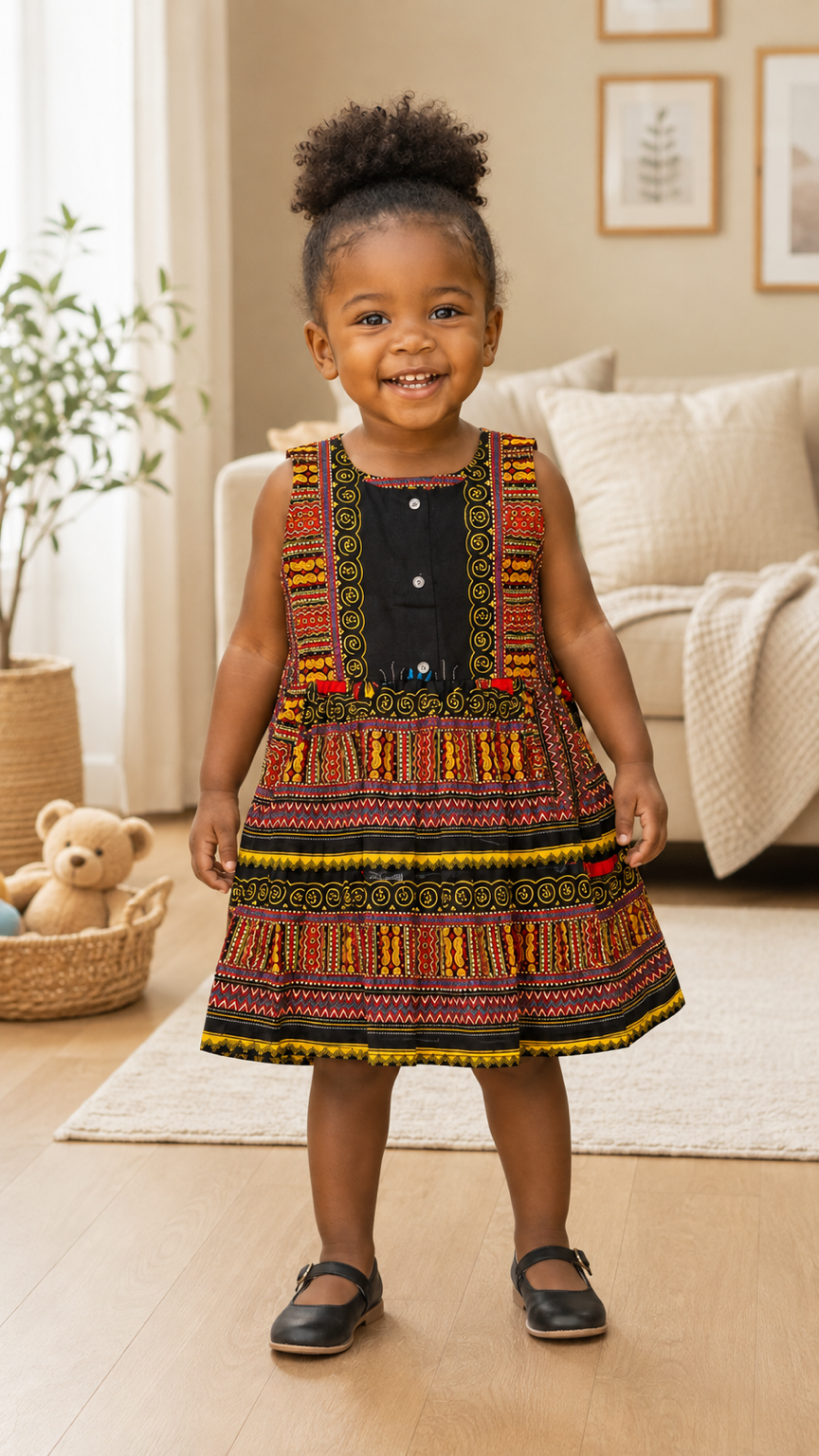 Girls Multi with Black  Coloured Ankara Tiered Dress – African Print Party Dress