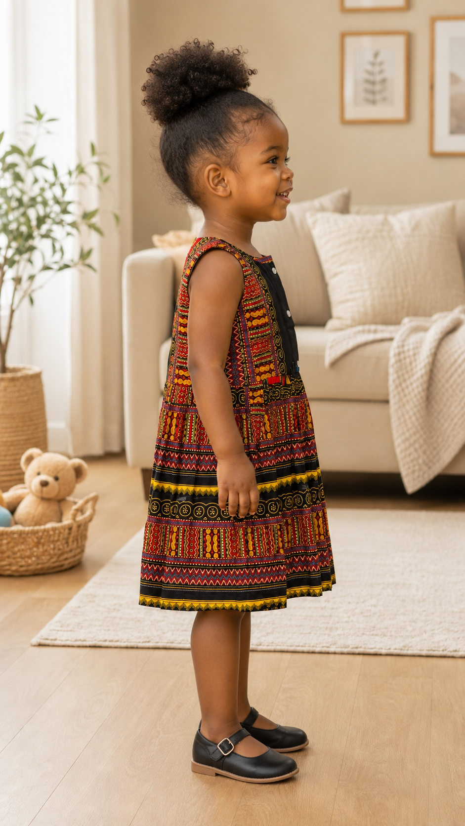 Girls Multi with Black  Coloured Ankara Tiered Dress – African Print Party Dress