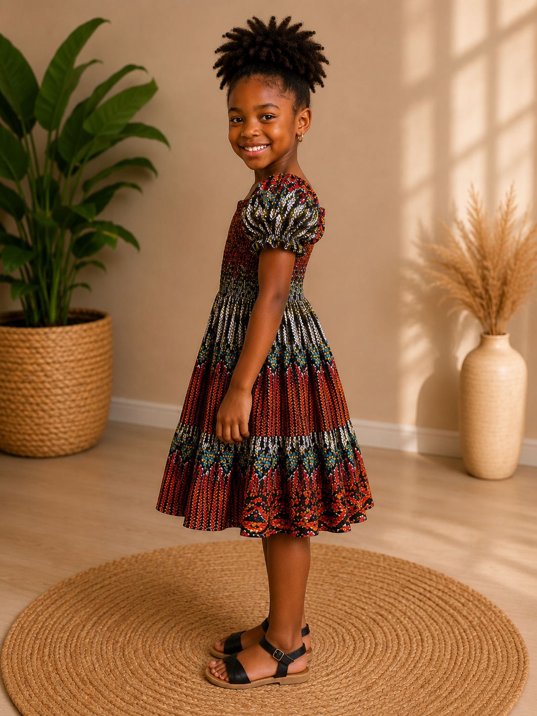 Girls Multi with Pink  Coloured Ankara Tiered Dress – African Print Party Dress