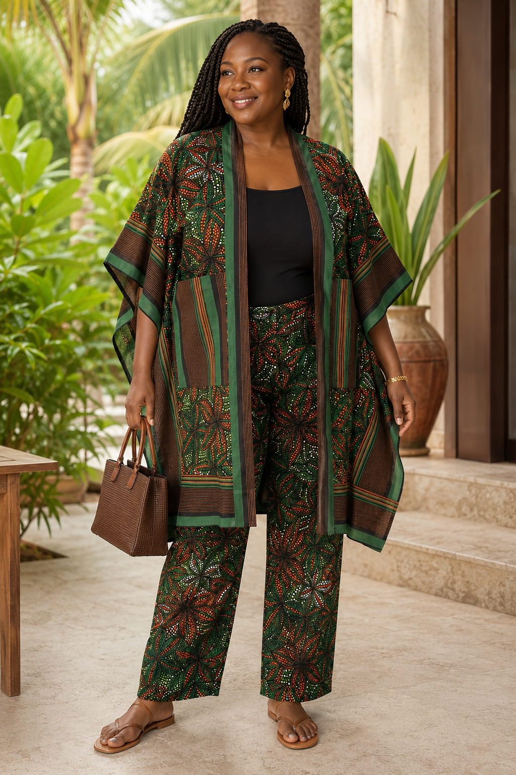 African Print Kimono(Aso-Oke) & Wide-Leg Trouser Set – Green & Brown Ankara Two-Piece Outfit