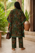 African Print Kimono(Aso-Oke) & Wide-Leg Trouser Set – Green & Brown Ankara Two-Piece Outfit