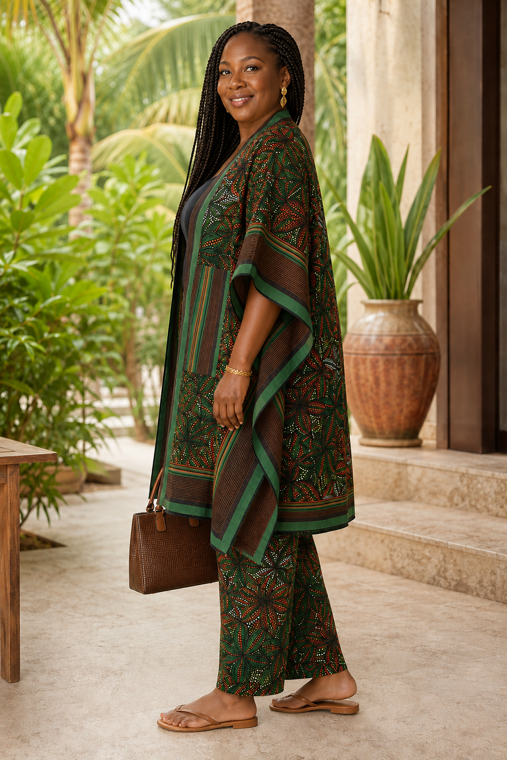 African Print Kimono(Aso-Oke) & Wide-Leg Trouser Set – Green & Brown Ankara Two-Piece Outfit