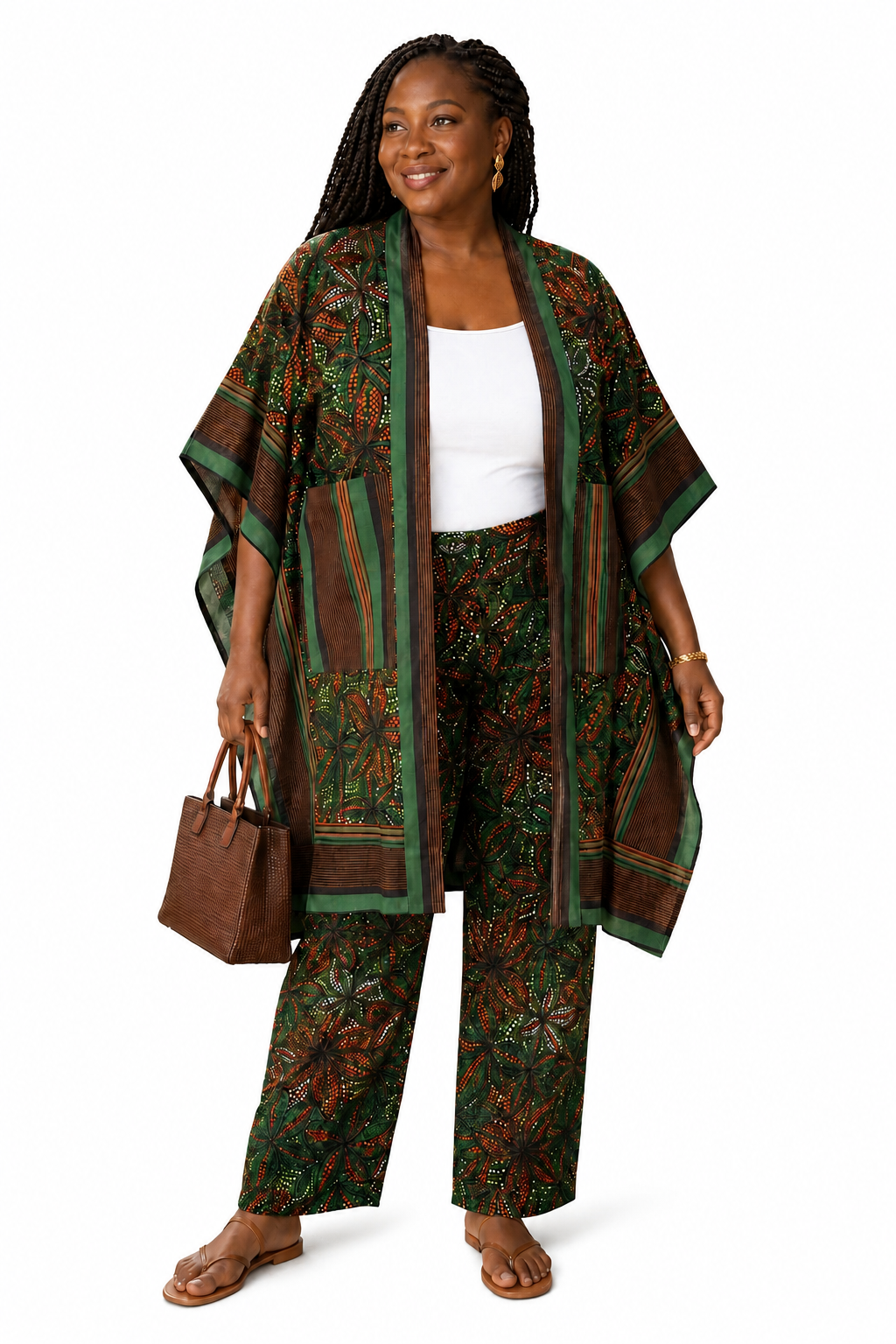 African Print Kimono(Aso-Oke) & Wide-Leg Trouser Set – Green & Brown Ankara Two-Piece Outfit