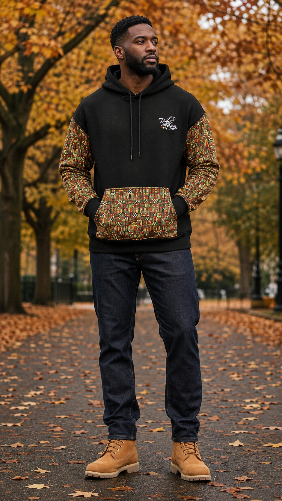 Afro-Fusion Hoodie – Unisex Ankara Print Black Pullover Hoodie