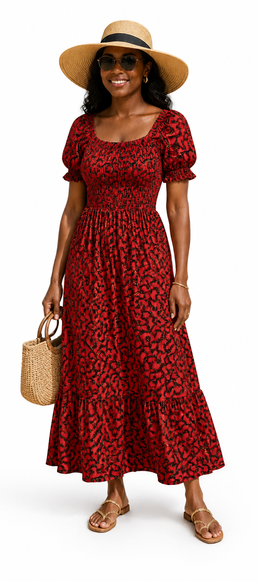 Zola Red African Print Smocked Maxi Dress with Puff Sleeves