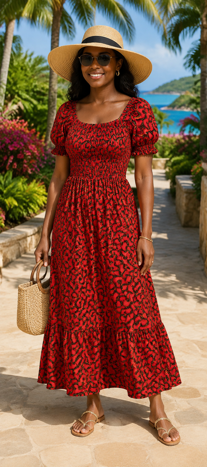 Zola Red African Print Smocked Maxi Dress with Puff Sleeves
