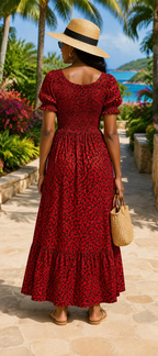 Zola Red African Print Smocked Maxi Dress with Puff Sleeves