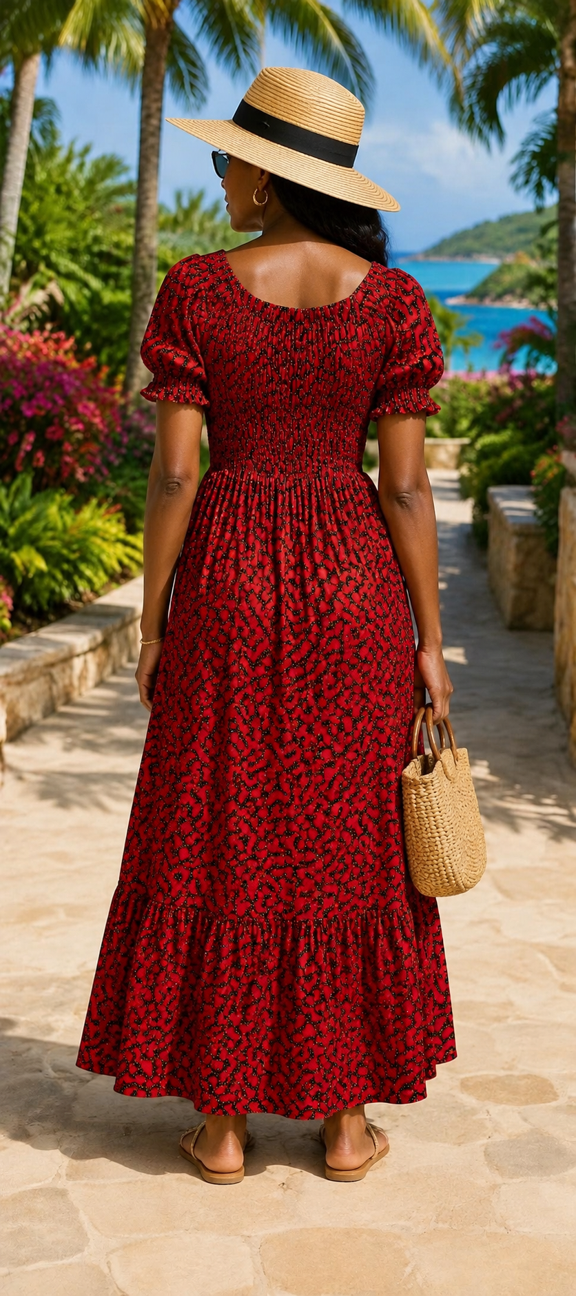 Zola Red African Print Smocked Maxi Dress with Puff Sleeves