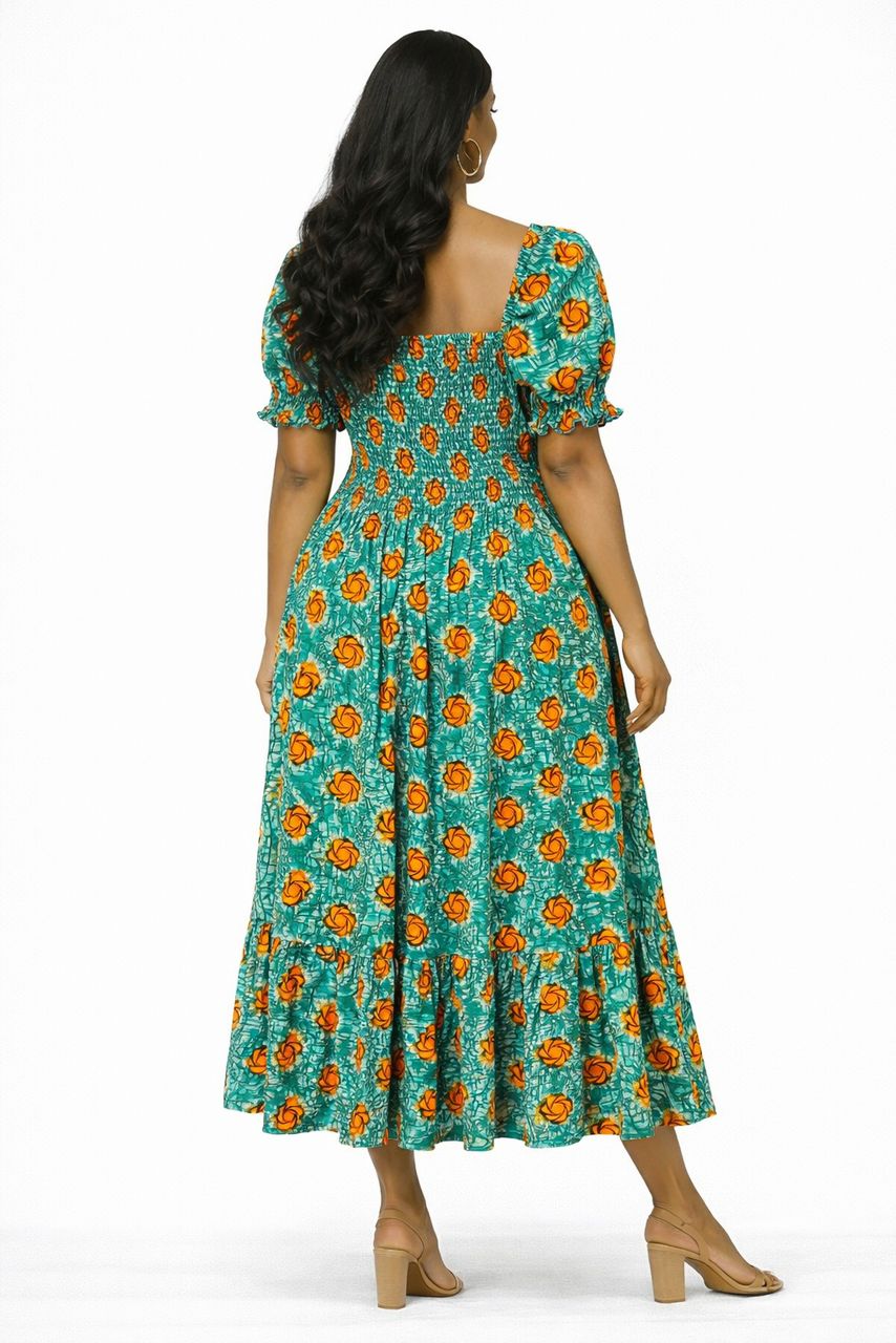 Green African Print Smock Midi Dress
