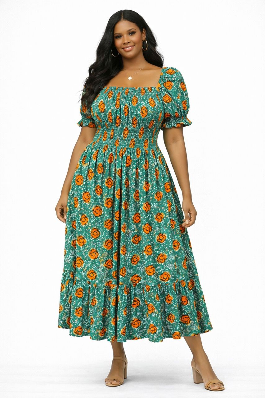 African Print Smocked Maxi Dress for Women – Summer Holiday Dress