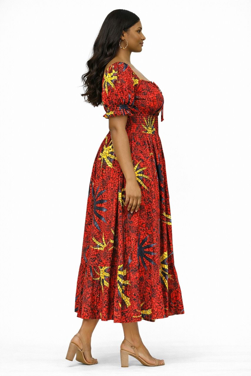 Red African Print Smock Maxi Dress