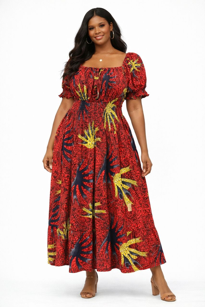 Red African Print Smock Maxi Dress