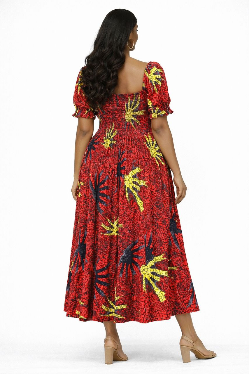 Red African Print Smock Maxi Dress