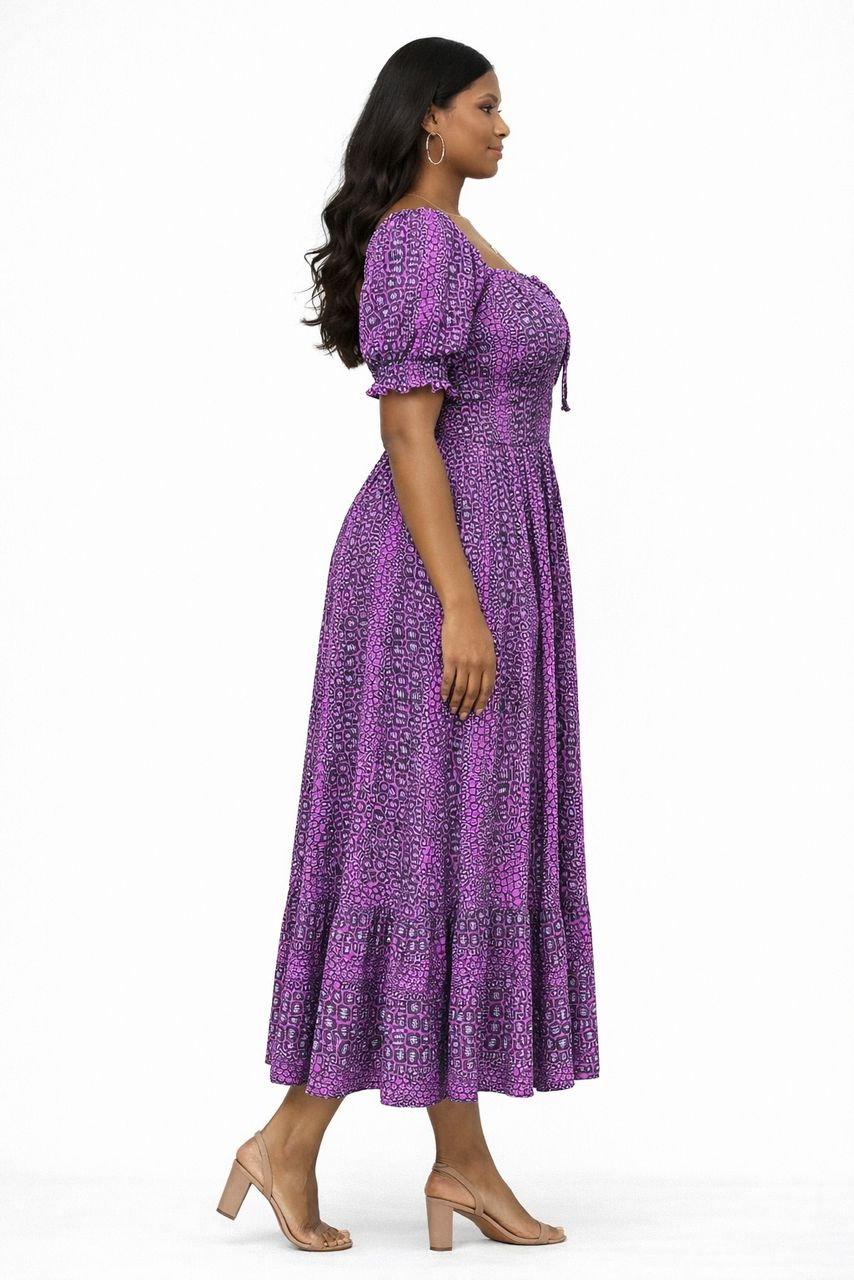 Purple African Print Maxi Dress – Puff Sleeve Smocked Ankara Dress
