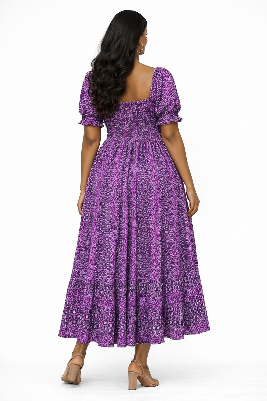 Purple African Print Maxi Dress – Puff Sleeve Smocked Ankara Dress