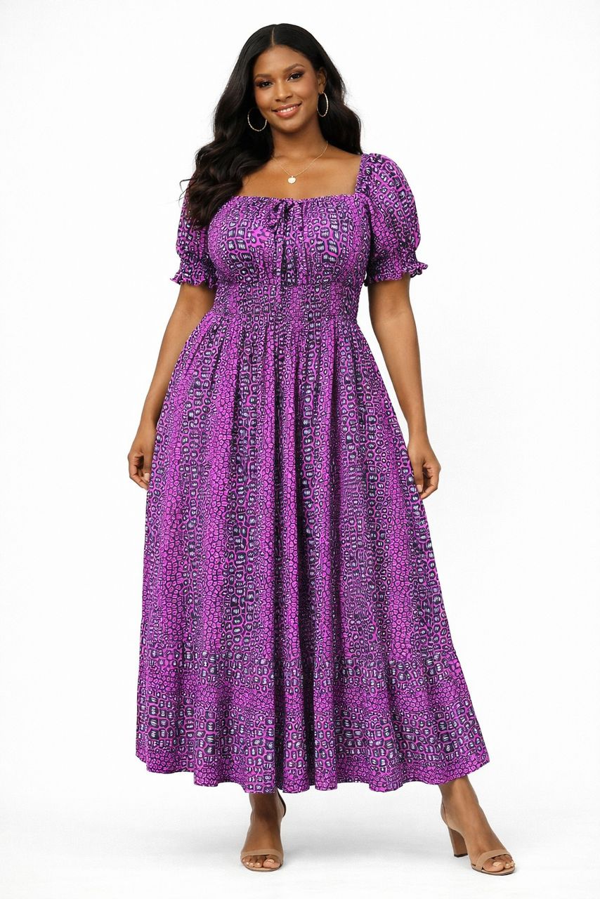 Purple African Print Maxi Dress – Puff Sleeve Smocked Ankara Dress