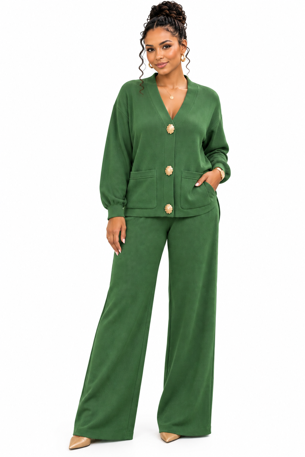 Women’s Gold Button Cardigan & Wide-Leg Trouser Set