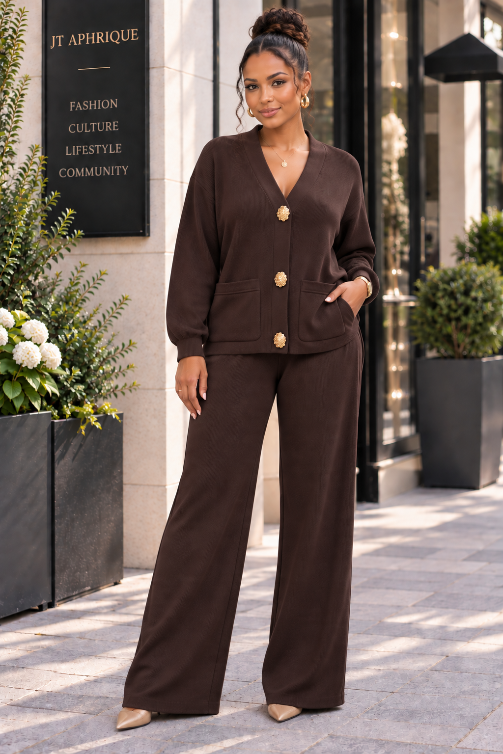 Women’s Gold Button Cardigan & Wide-Leg Trouser Set