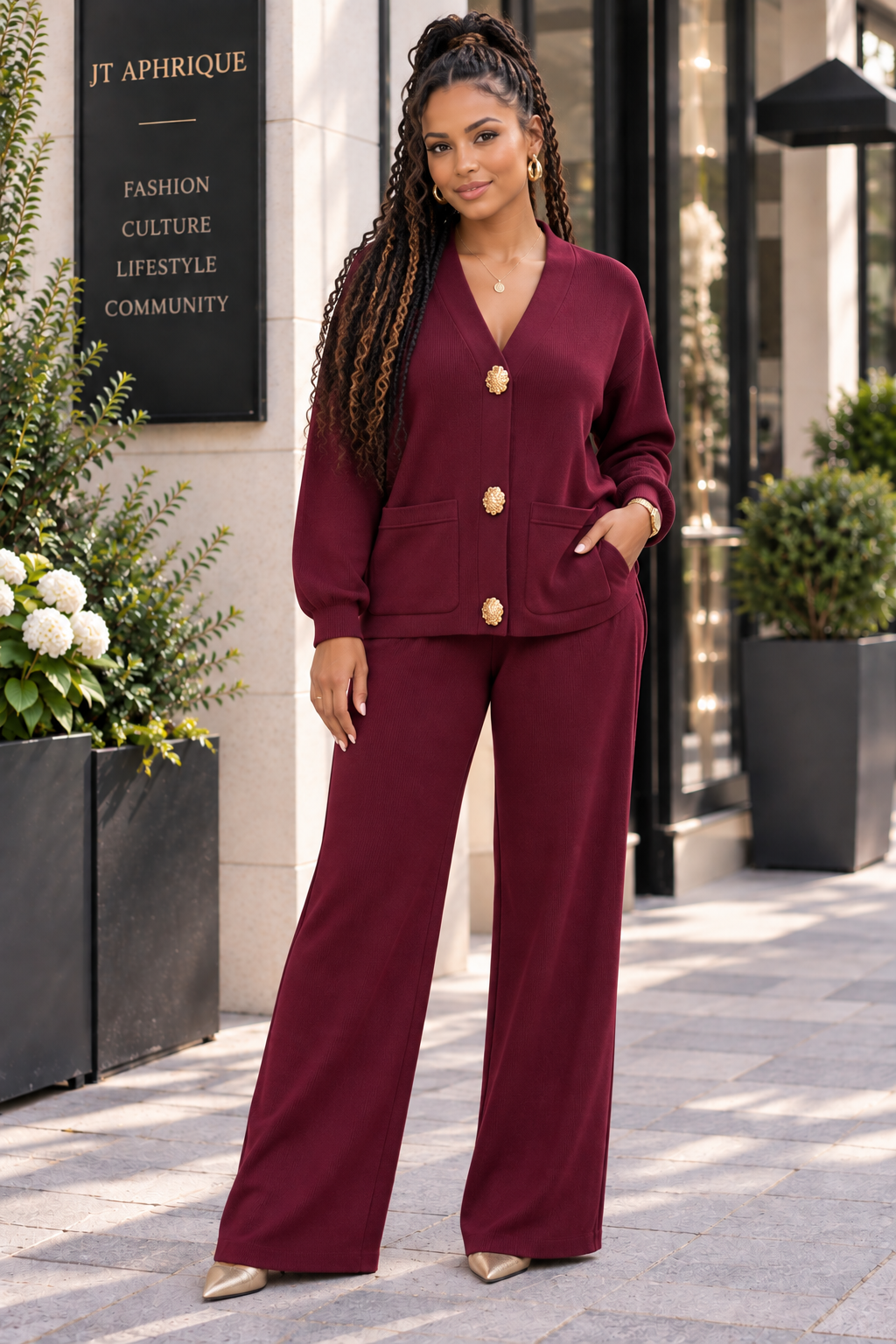Women’s Gold Button Cardigan & Wide-Leg Trouser Set