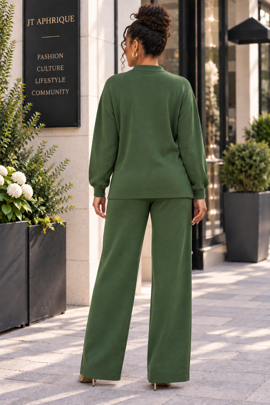 Women’s Gold Button Cardigan & Wide-Leg Trouser Set