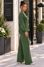 Women’s Gold Button Cardigan & Wide-Leg Trouser Set