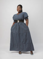 Beautiful White & Blue Checkered Ankara Puffy Sleeve Dress