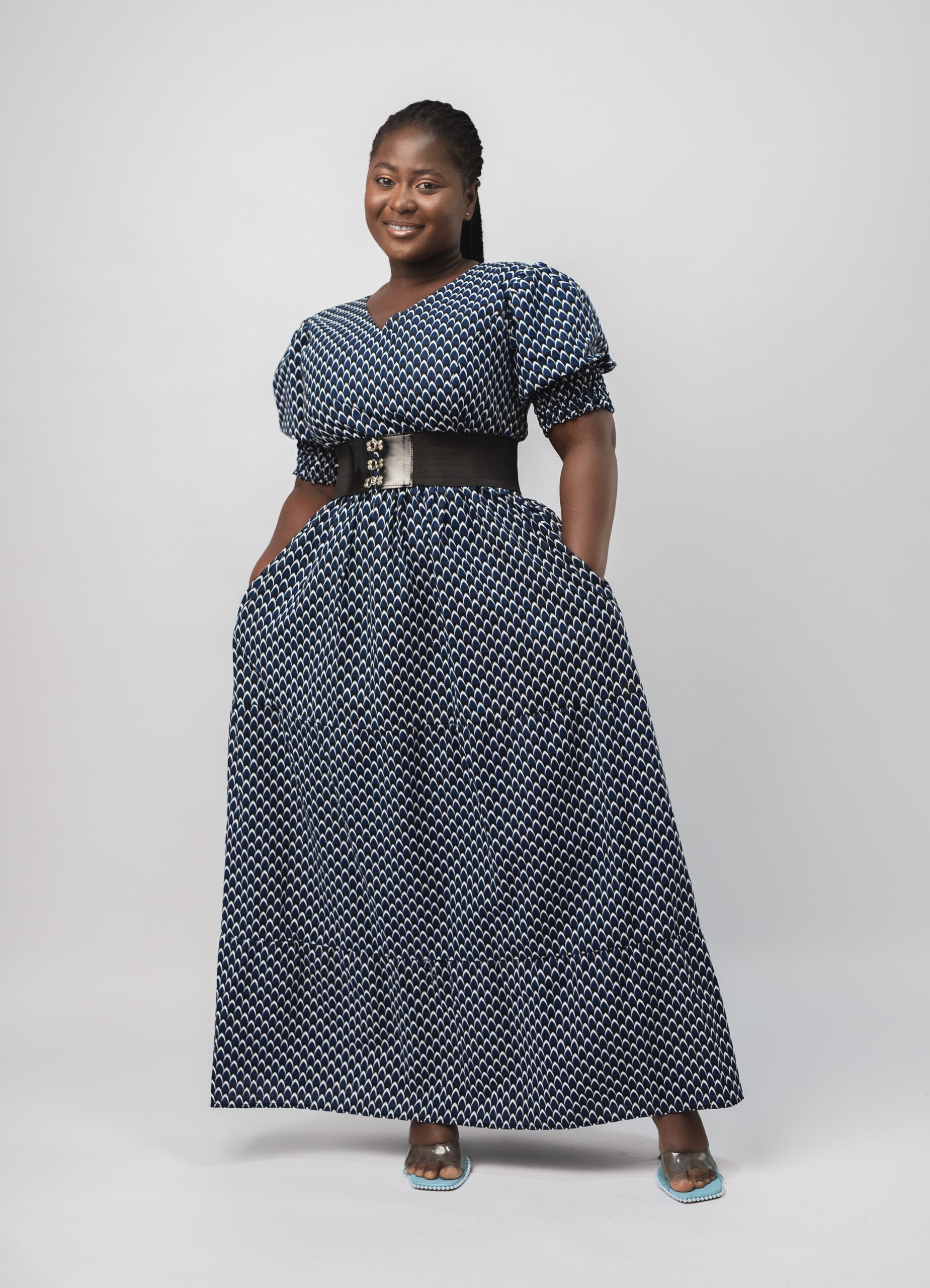 Beautiful White & Blue Checkered Ankara Puffy Sleeve Dress