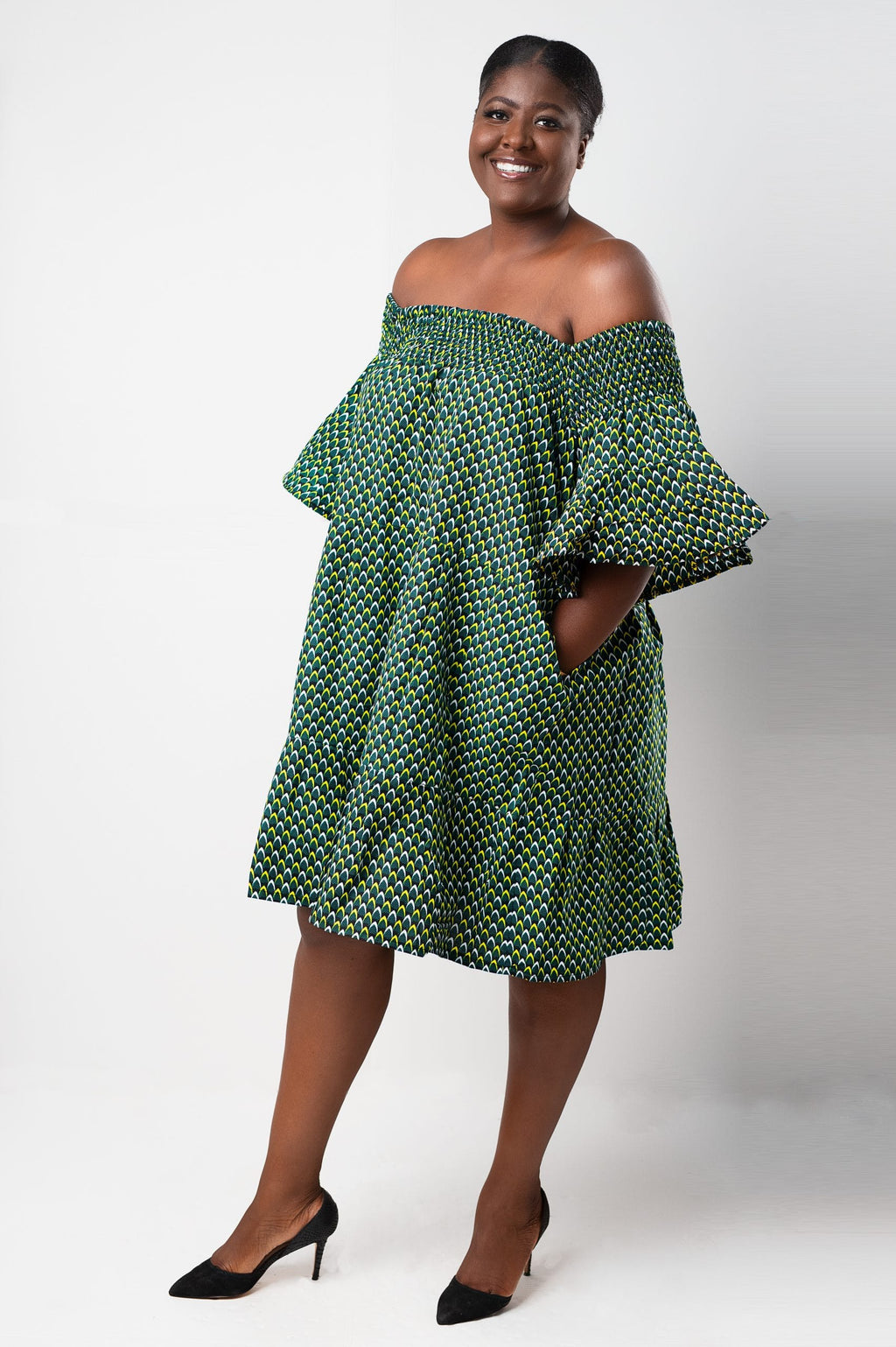 Thando Green African Ankara Print Bardot Midi Maxi Dress