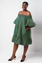 Thando Green African Ankara Print Bardot Midi Maxi Dress