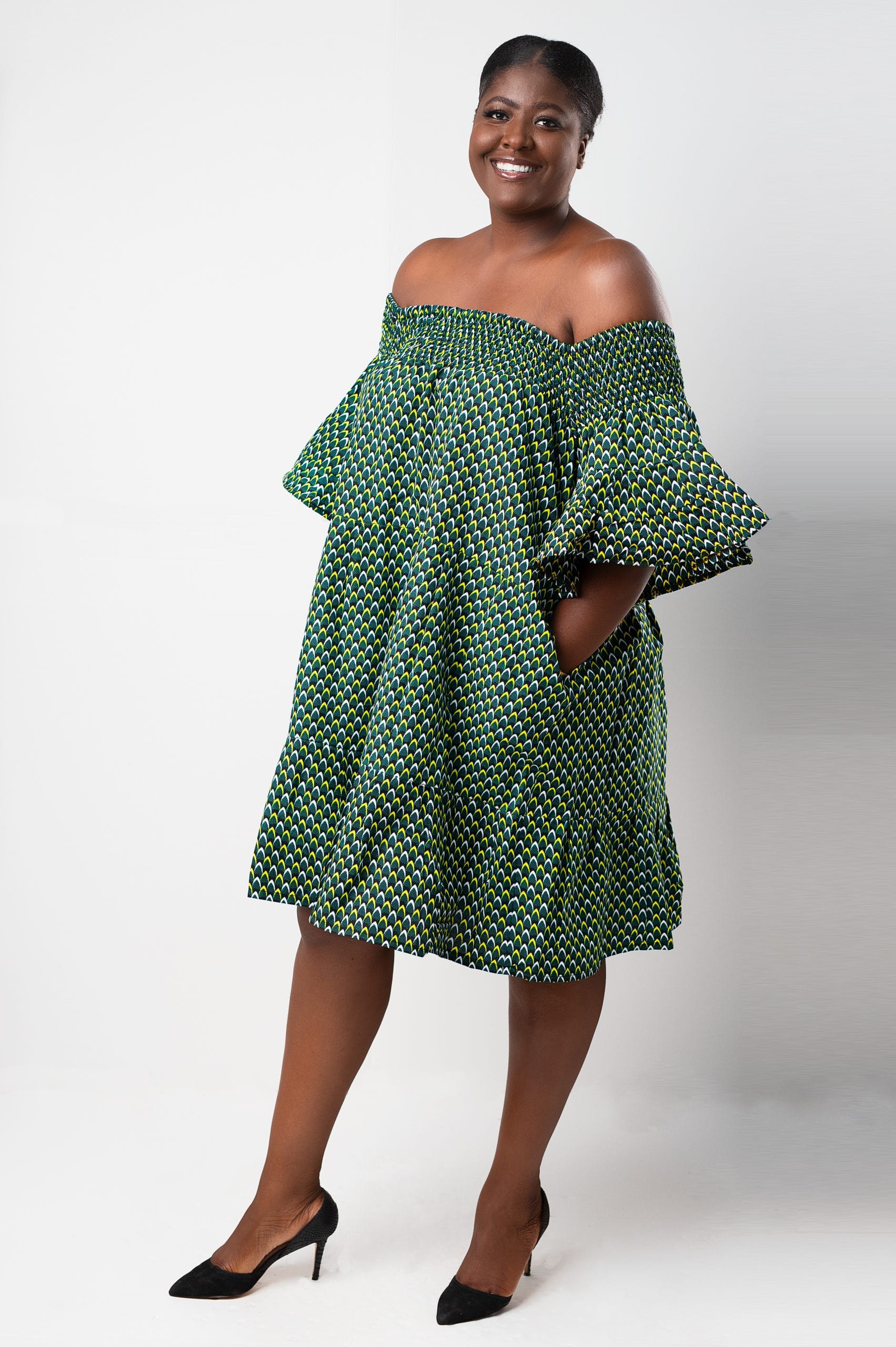Thando Green African Ankara Print Bardot Midi Maxi Dress