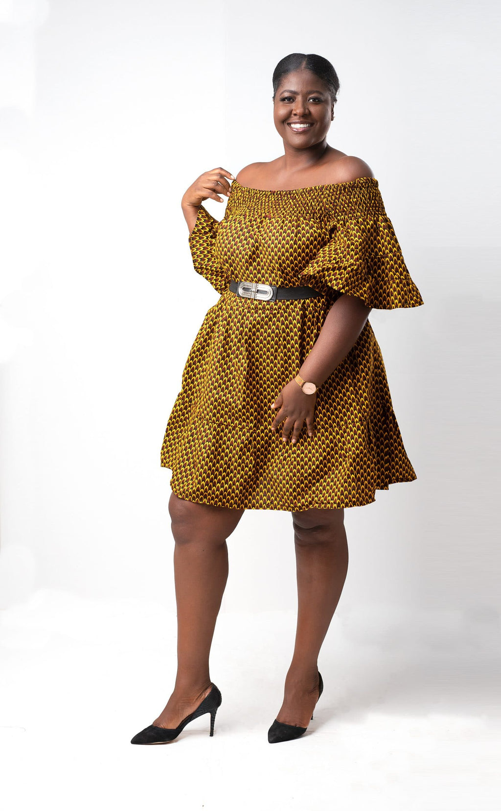 Thando Yellow African Ankara Print Bardot Midi Maxi Dress