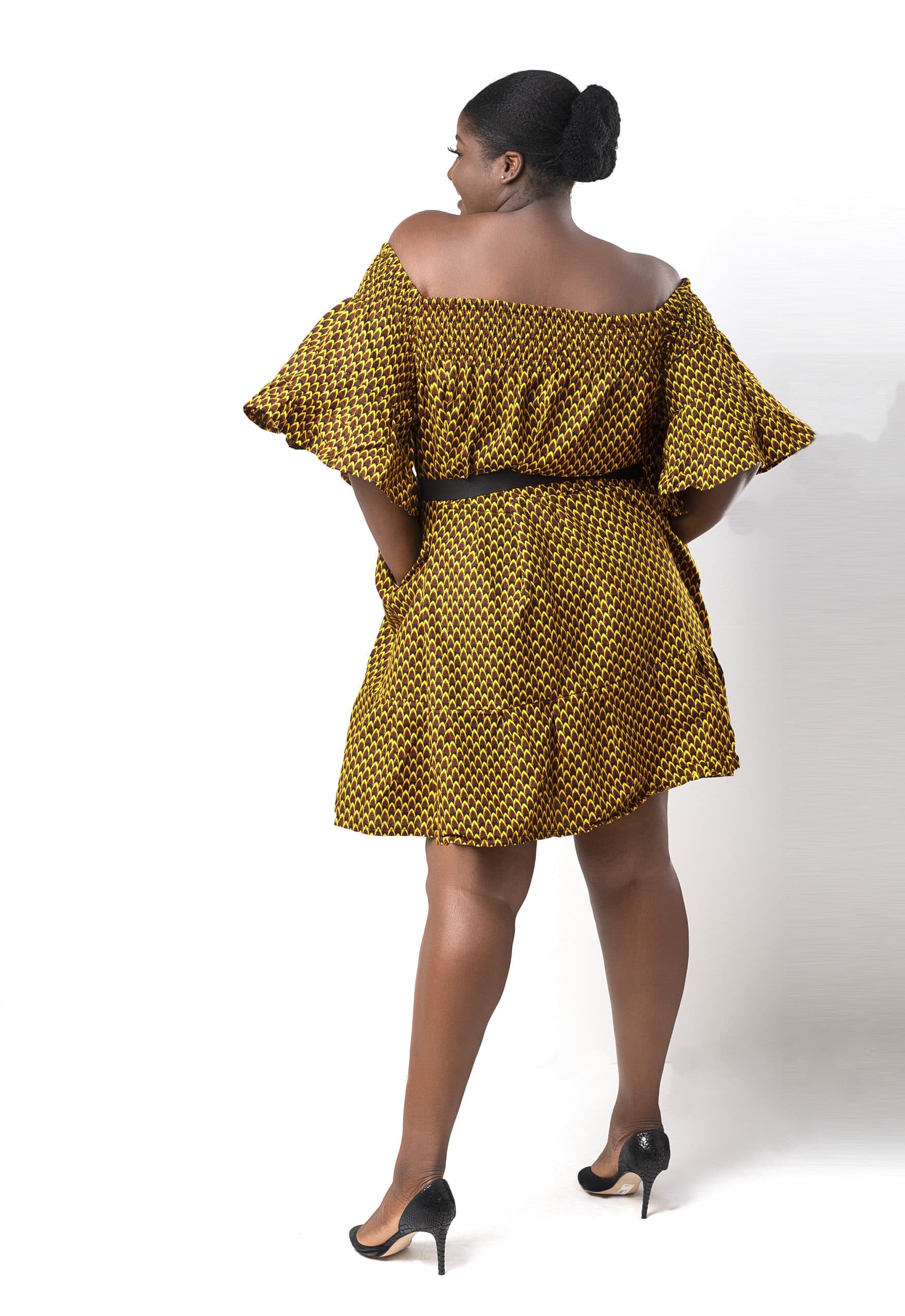 Thando Yellow African Ankara Print Bardot Midi Maxi Dress