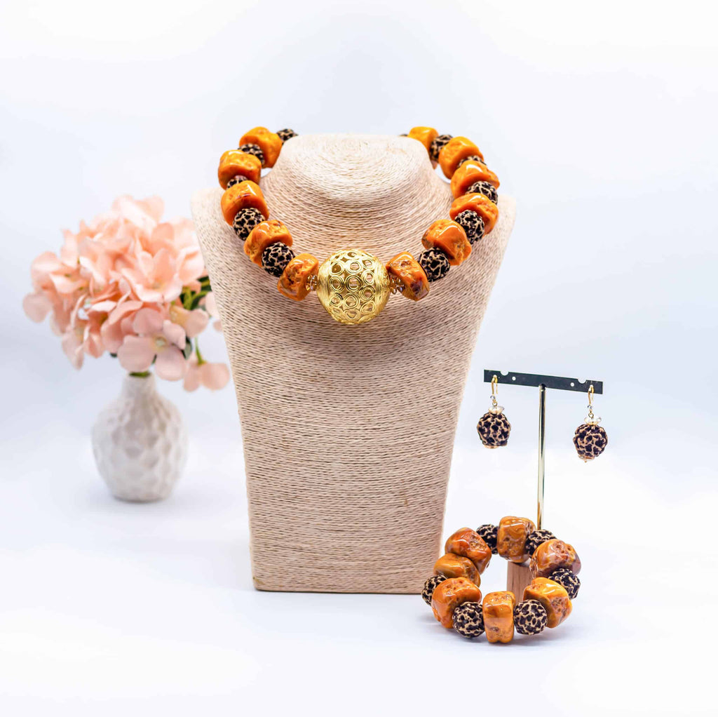 Brown and Orange Coral Stone Necklace Set