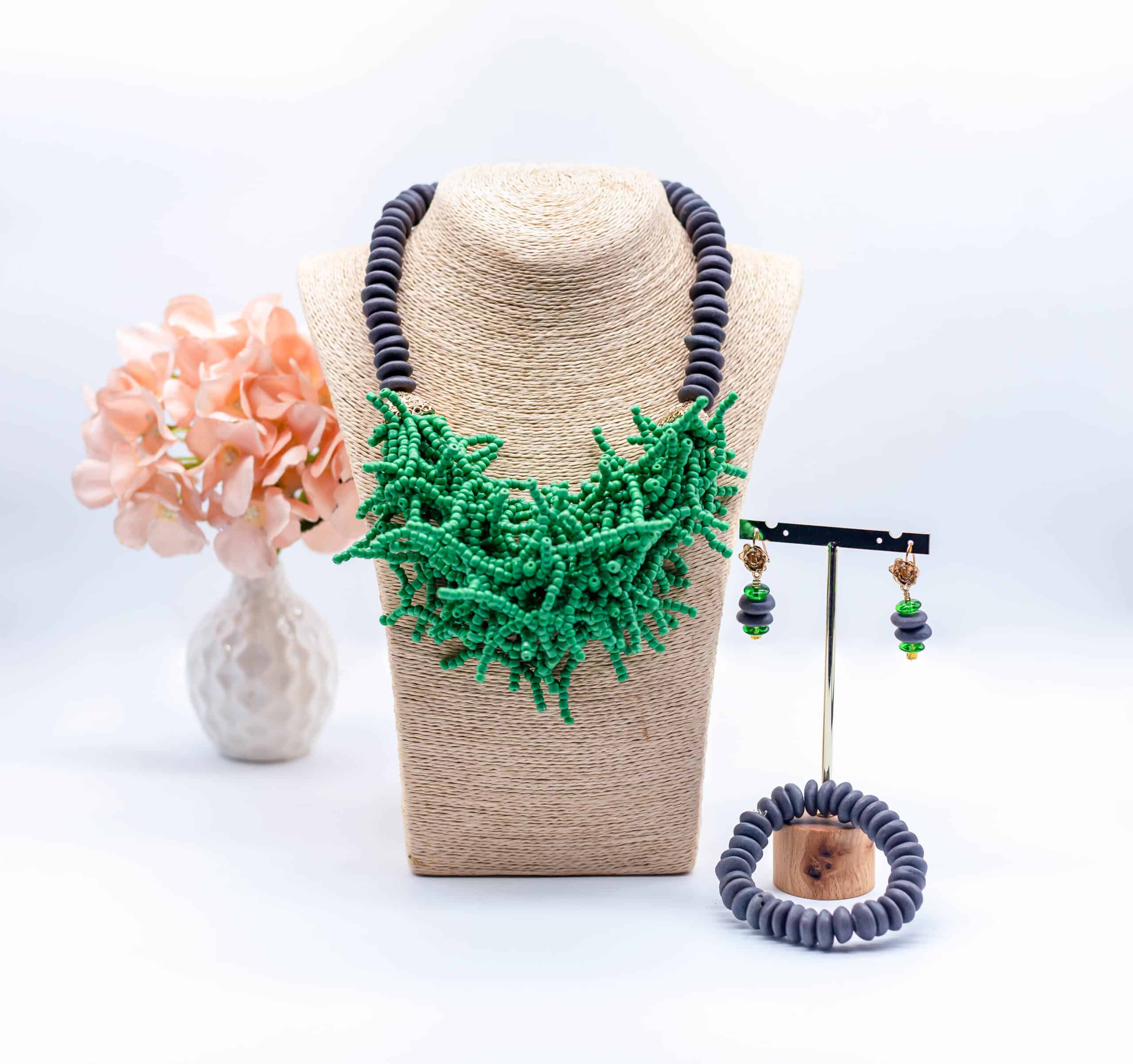 Funke Grey Stone and Bright Green Beaded Necklace Set