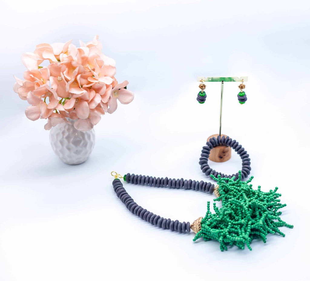 Funke Grey Stone and Bright Green Beaded Necklace Set