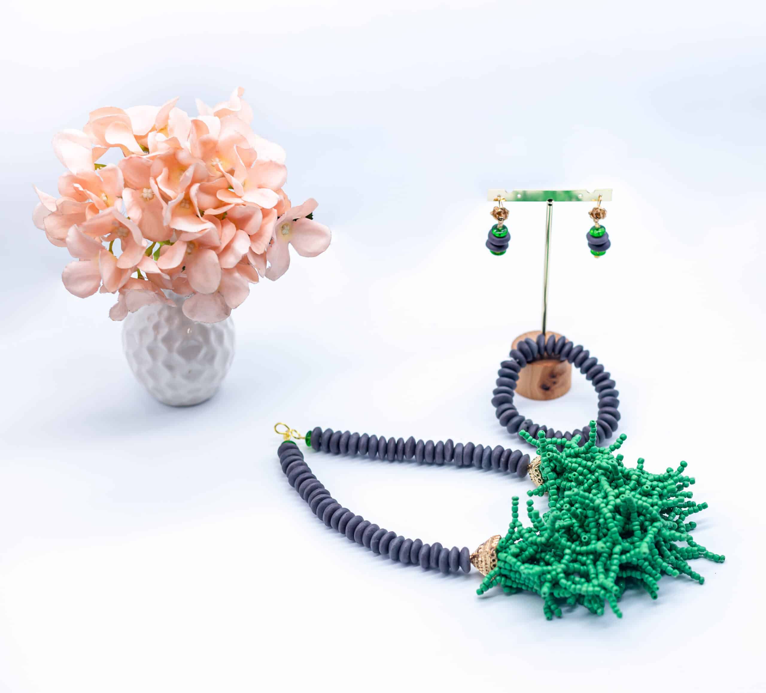 Funke Grey Stone and Bright Green Beaded Necklace Set