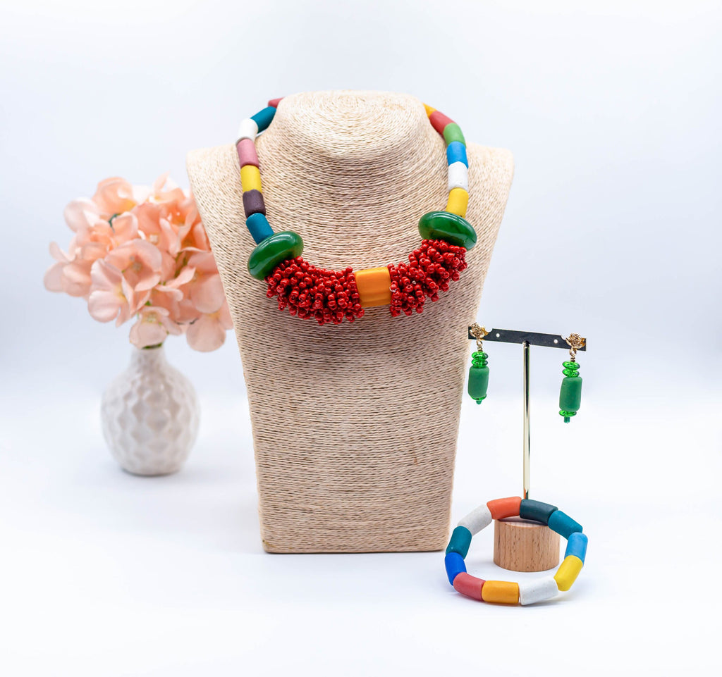Issa Rainbow and Bright Red Beaded Necklace Set