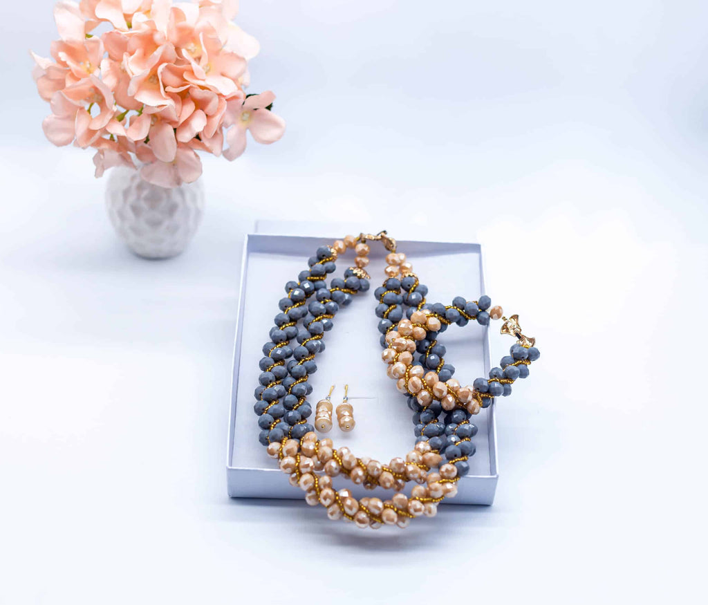 Omp Navy Blue and Brown Wooden Beaded Necklace Set