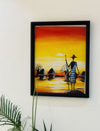 Man with Spear in Front of Huts and Sunrise