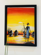 Man with Spear in Front of Huts and Sunrise