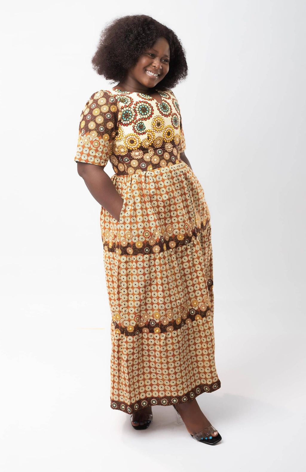 Tawny V-Neck Ankara Patterned African Dress