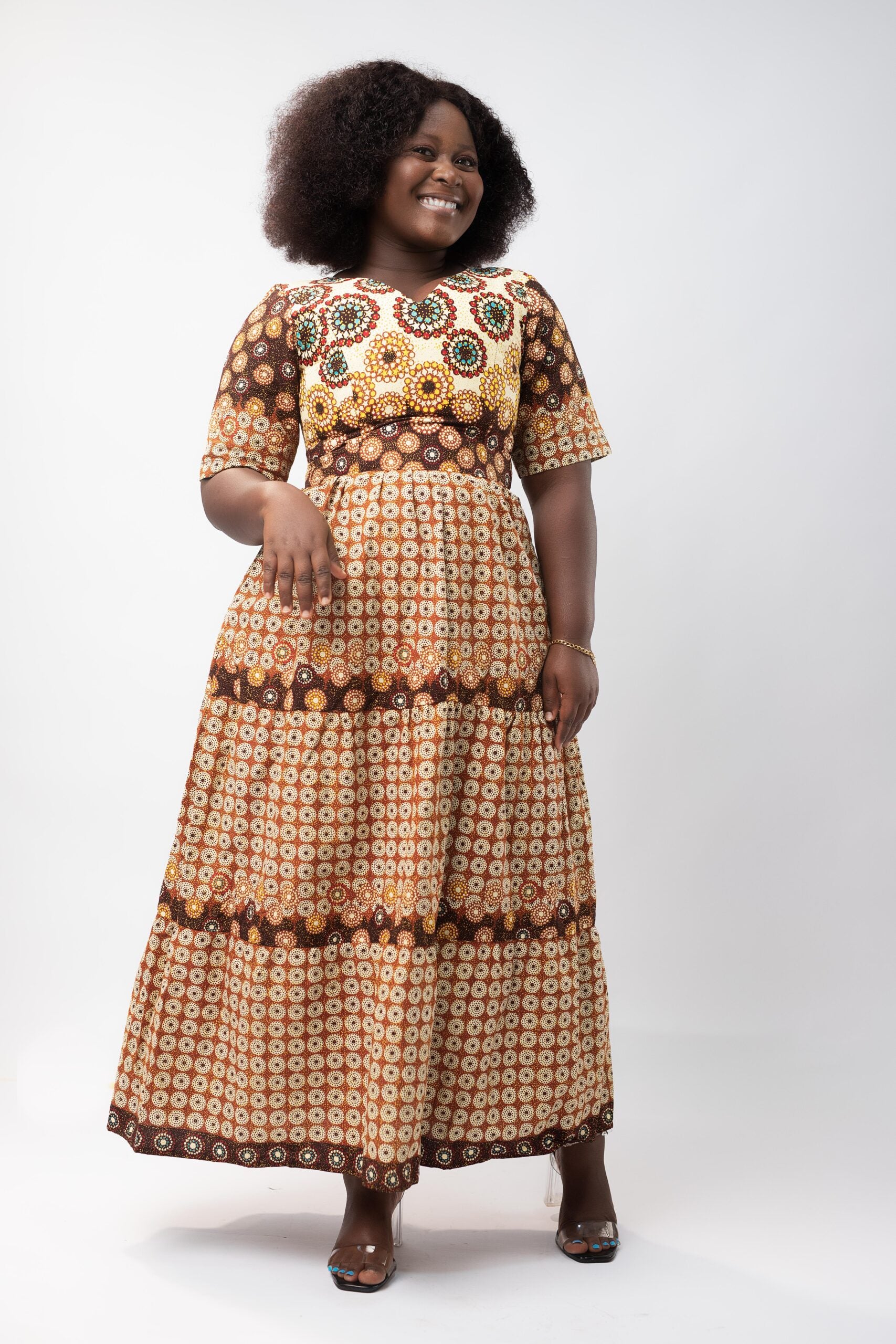 Tawny V-Neck Ankara Patterned African Dress