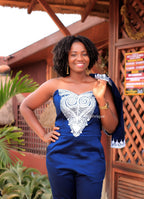 African Embroidered Navy Jumpsuit & Bolero Jacket