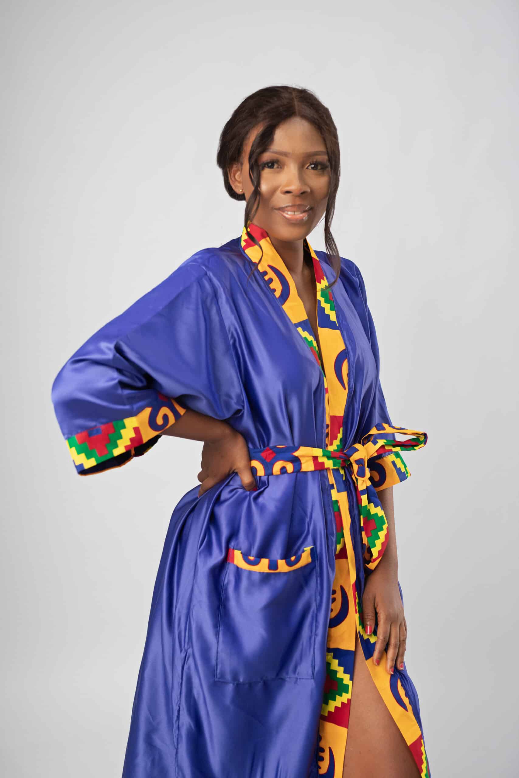 Blue & African Kente Print Satin Kimono Robe