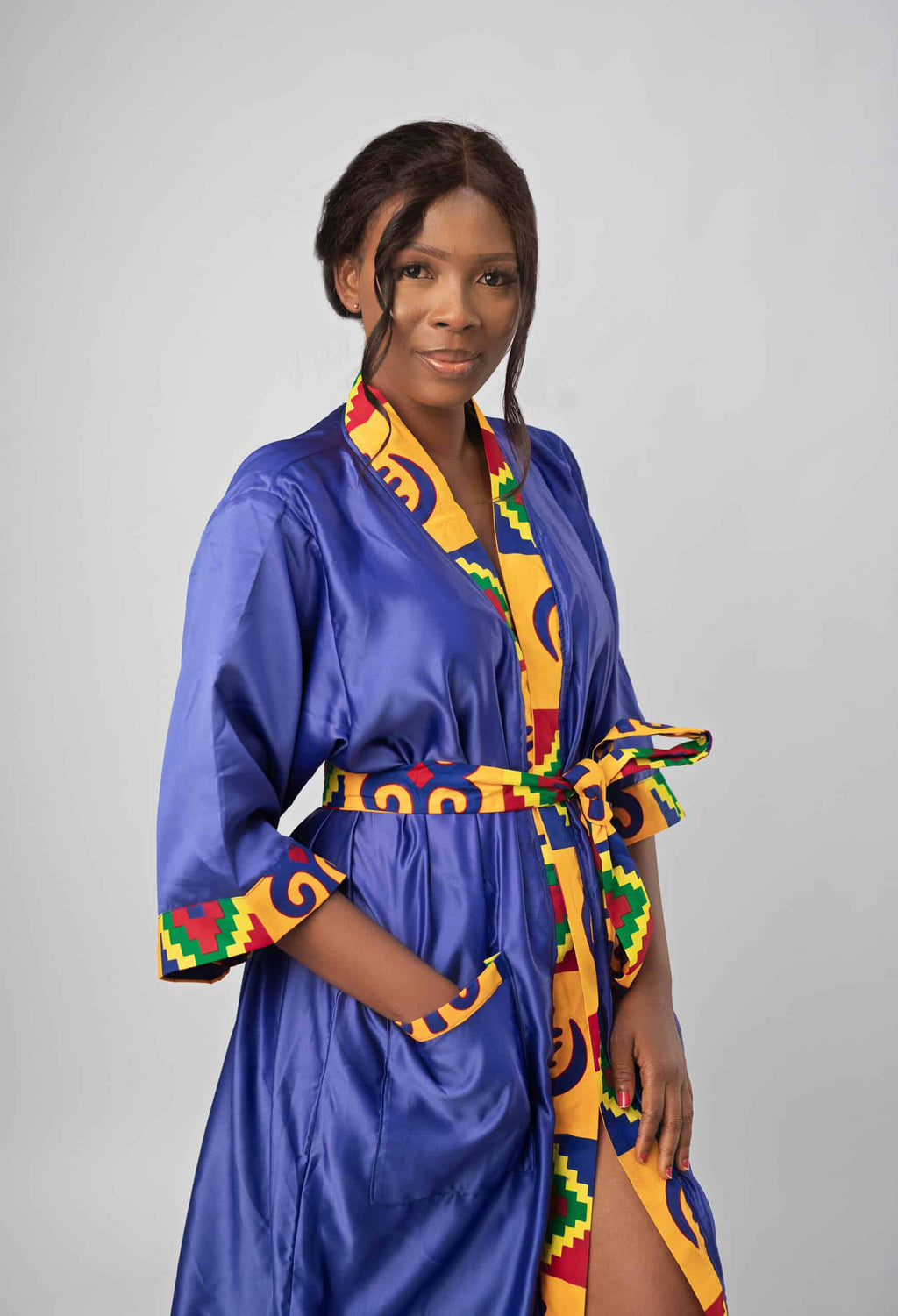 Blue & African Kente Print Satin Kimono Robe