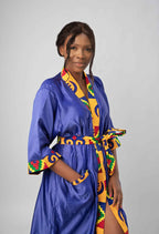 Blue & African Kente Print Satin Kimono Robe