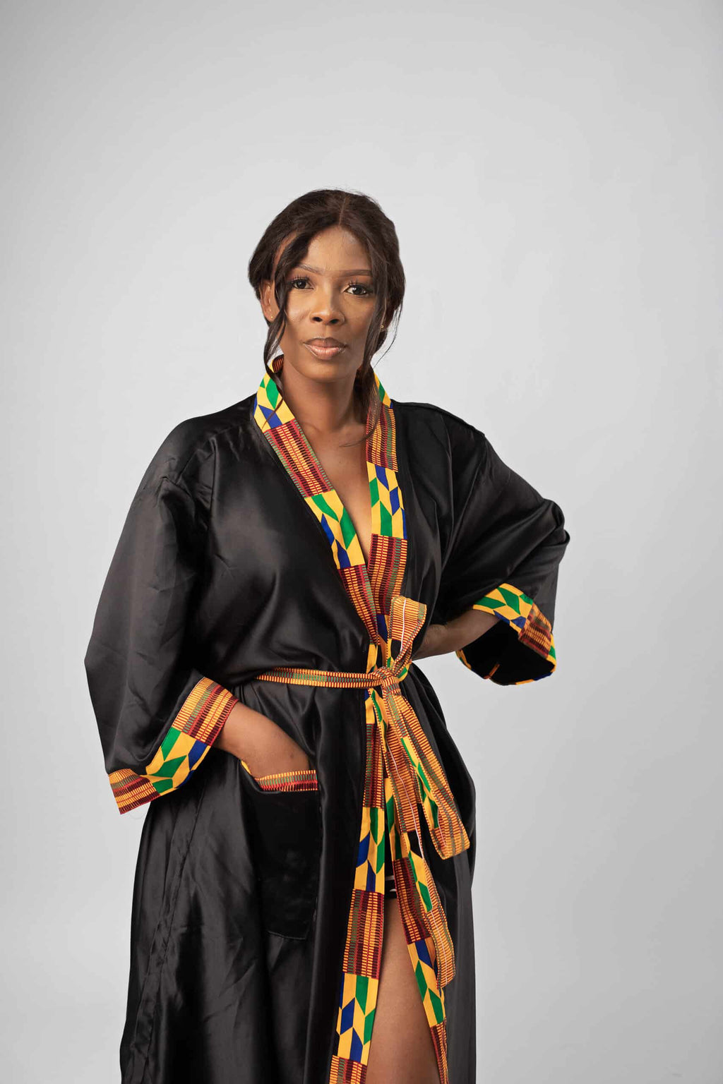 Black & African Kente Print Satin Kimono Robe