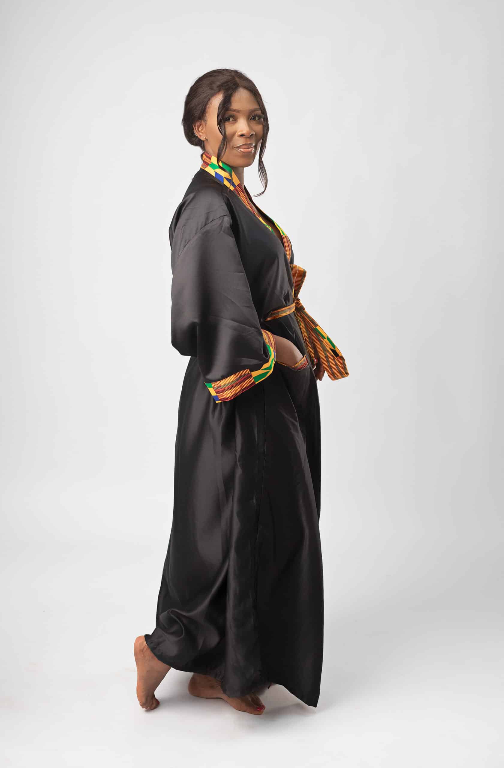 Black & African Kente Print Satin Kimono Robe